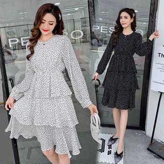 Long-sleeve Dotted A-line Layered Dress