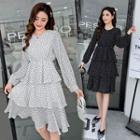 Long-sleeve Dotted A-line Layered Dress