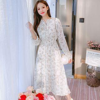 Long-sleeve Ruffled-trim Tie-strap Floral Chiffon Dress