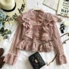 Lace-trim Perforated Long-sleeve Blouse