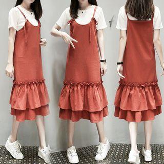 Set: Spaghetti Strap Frill-trim Dress + Short-sleeve Top