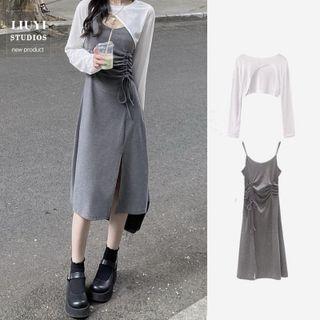 Spaghetti Strap Drawstring A-line Dress / Long-sleeve Asymmetrical Cropped T-shirt
