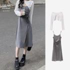 Spaghetti Strap Drawstring A-line Dress / Long-sleeve Asymmetrical Cropped T-shirt