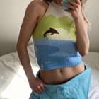 Halter Neck Knit Top Dolphin - Khaki & Green & Blue - One Size