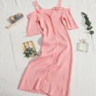 Short-sleeve Cold Shoulder Midi Knit Dress Pink - One Size