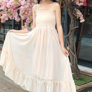 Spaghetti-strap Midi Chiffon Dress / Frill Trim Light Jacket