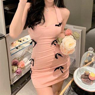 Halter Bow Accent A-line Mini Dress