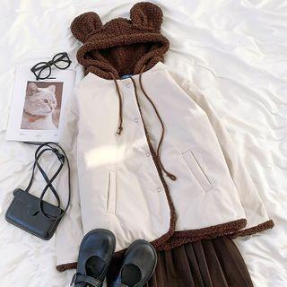 Fleece Panel Bear Ear Accent Hooded Jacket Almond - One Size