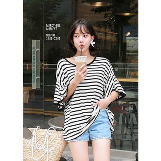 3/4-sleeve Ruffle-cuff Stripe T-shirt