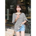 3/4-sleeve Ruffle-cuff Stripe T-shirt