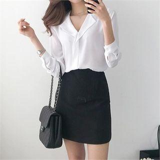 Open-placket Bishop-sleeve Crepe Blouse