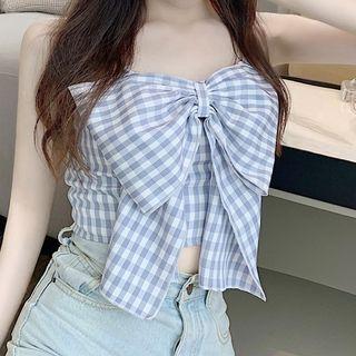 Bow-front Plaid Camisole Top Gingham - Gray & White - One Size