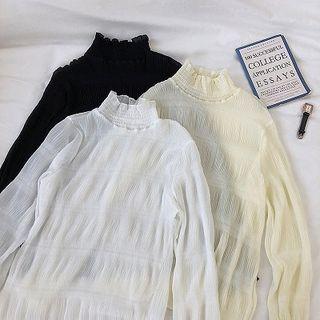 Plain Frilled Turtle-neck Long-sleeve Chiffon Blouse