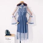 Set: Bell-sleeve Crochet Lace Trim Mesh Dress + Slipdress