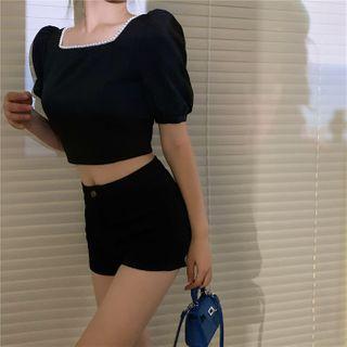 Faux Pearl Square-neck Puff-sleeve Cropped Top