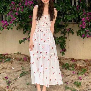 Spaghetti Strap Floral Midi Sundress White - One Size