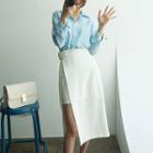 Buckled-waist Overlay Midi Skirt