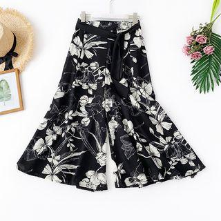Cropped Floral Wide Leg Pants Black - One Size