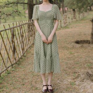 Dotted Lace-panel Short-sleeve Dress