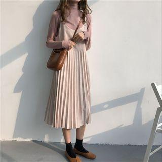 Mock Turtleneck Top / Pleated Midi A-line Pinafore Dress