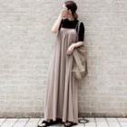 Spaghetti-strap Plain Dress Khaki - One Size