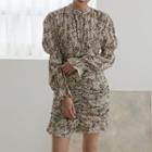 Mutton-sleeve Shirred Floral Dress
