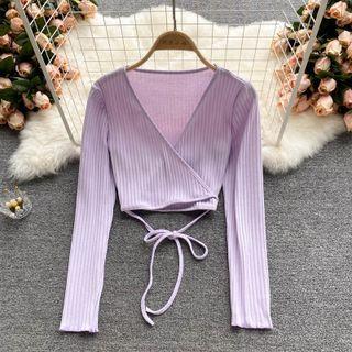 V-neck Plain Lace-up Strap Long-sleeve Top