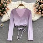 V-neck Plain Lace-up Strap Long-sleeve Top