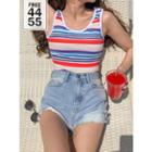 U-neck Multicolor-stripe Swim Top Orange - One Size