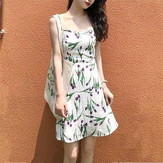 Printed Spaghetti Strap A-line Dress As Shown In Figure - One Size