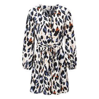 Printed Long-sleeve V-neck Tie-waist A-line Dress