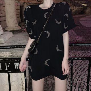 Elbow-sleeve Rhinestone Moon Patterned T-shirt Black - One Size