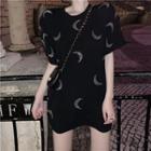 Elbow-sleeve Rhinestone Moon Patterned T-shirt Black - One Size