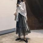 Tie Waist Shirt / Floral Midi A-line Skirt