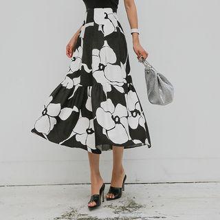 Linen Blend Ruffled Long Floral Skirt