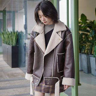 Fleece-lined Faux Leather Jacket Plaid - Brown - One Size