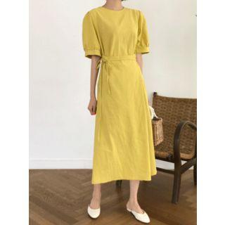 Puff-sleeve Linen Blend Long Dress