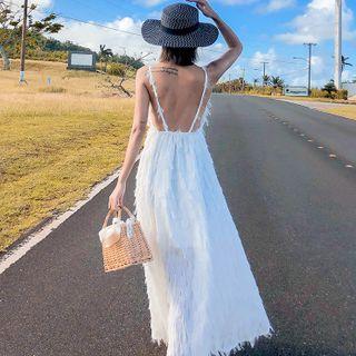 Spaghetti Strap Open-back Fluffy Maxi A-line Dress