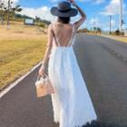 Spaghetti Strap Open-back Fluffy Maxi A-line Dress