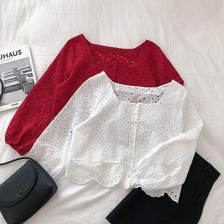 Eyelet Lace Square-neck Single-breasted Long-sleeve Blouse