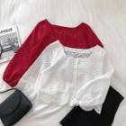 Eyelet Lace Square-neck Single-breasted Long-sleeve Blouse