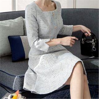 Square-neck Button-trim A-line Dress