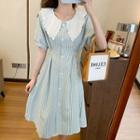 Short-sleeve Lace Collar Check Midi A-line Dress