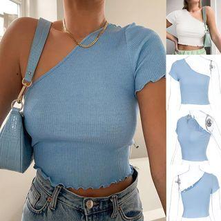Short-sleeve One-shoulder Lettuce Edge Crop Top