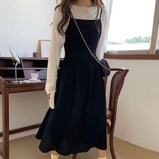 Long-sleeve T-shirt / Spaghetti Strap Open Back A-line Midi Dress