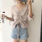 V-neck Elbow-sleeve Drawstring Blouse