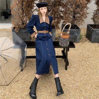 Long-sleeve Two-tone Button-up Denim Midi A-line Dress