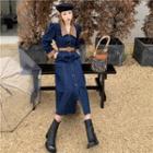 Long-sleeve Two-tone Button-up Denim Midi A-line Dress