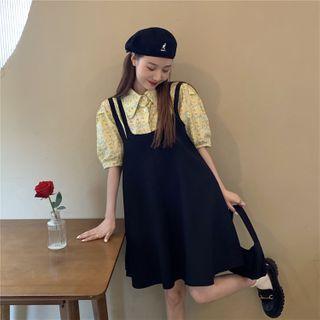 Elbow-sleeve Floral Print Shirt / Mini A-line Pinafore Dress
