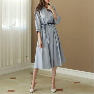 3/4-sleeve Stripe Long Dress With Sash